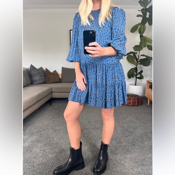 Zara Blue Leopard Tiered Smock Dress large - Picture 3 of 9